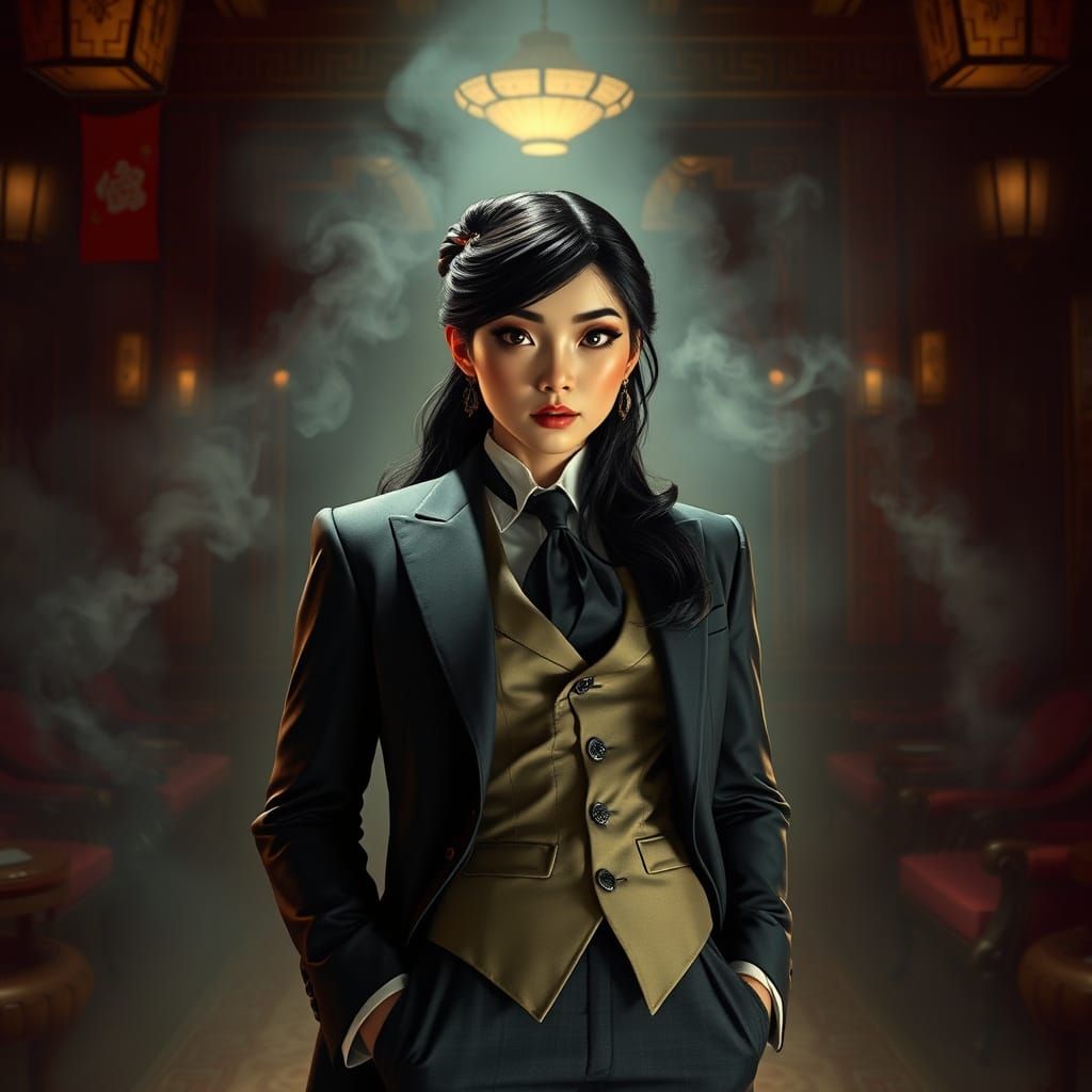 Mulan as a Mafia Boss in Dark Futuristic Style