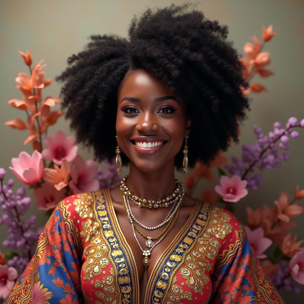 Beautiful Black Woman in Colorful Floral Portrait