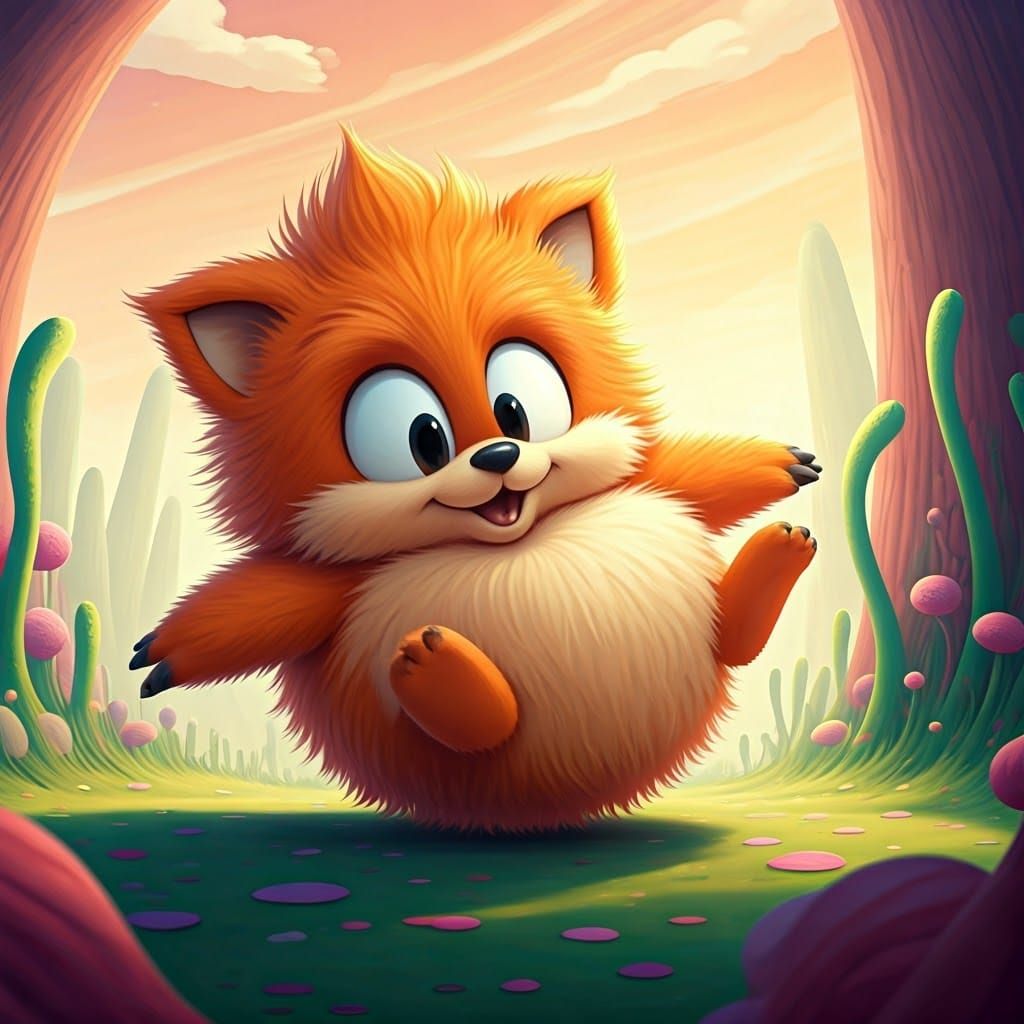 Whimsical Cartoon Creature Tumbles Through Fantastical Lands...