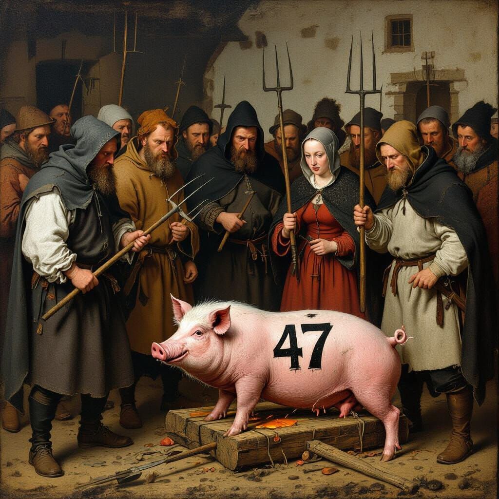 Medieval Villagers at Hog Roast in Classic Painting Style