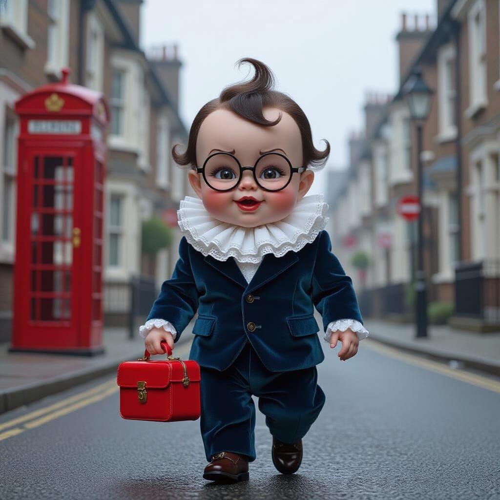 Grotesque Baby in Blue Suit, Hyperrealistic 8K Illustration