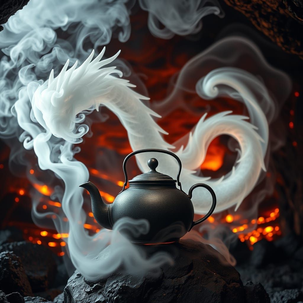 Dragon Shaped Steam Rising From Teapot in Lava Cave