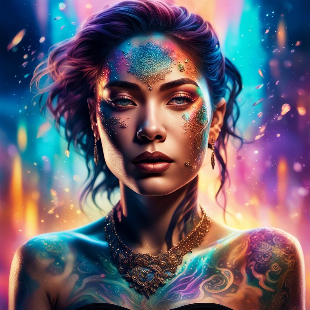 Woman with Glowing Floating Tattoos in Hyper-Realism