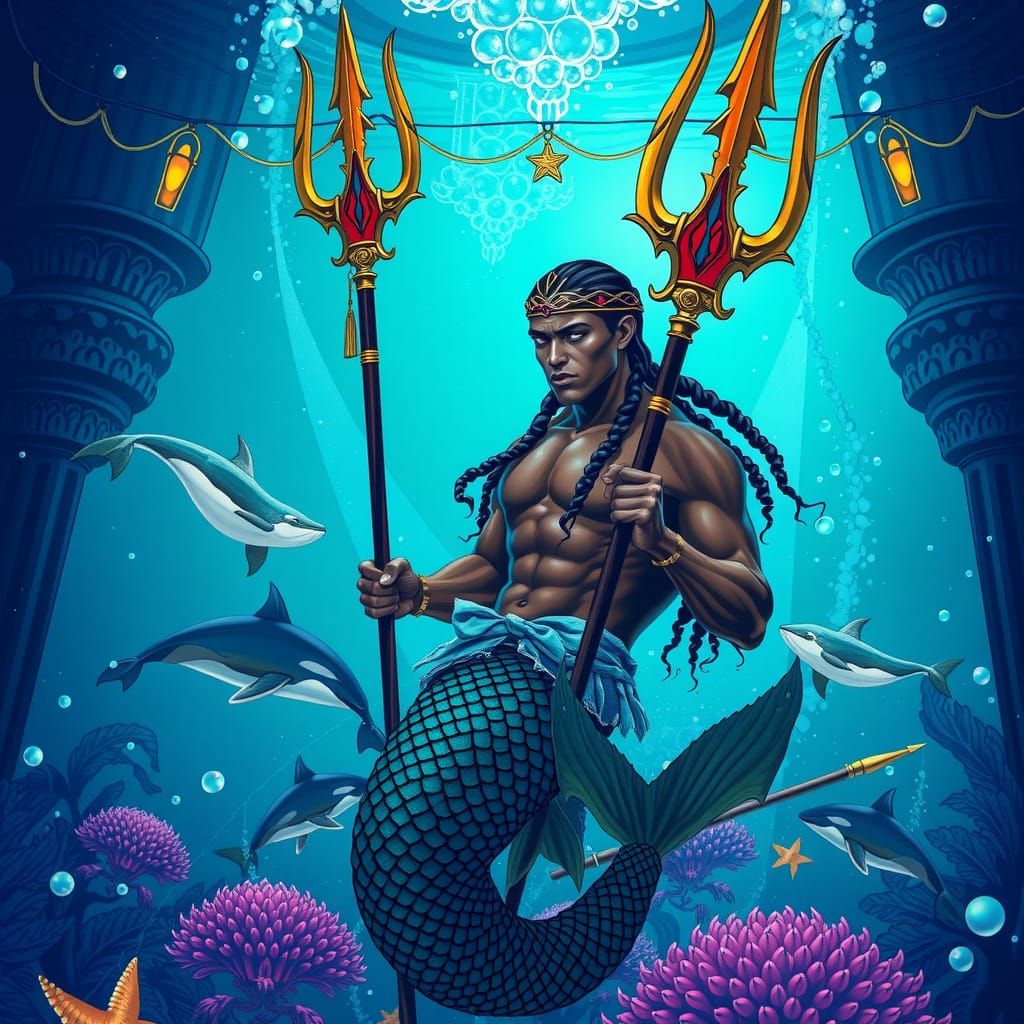 Poseidon Merman in Atlantis Palace, Dreamlike Art