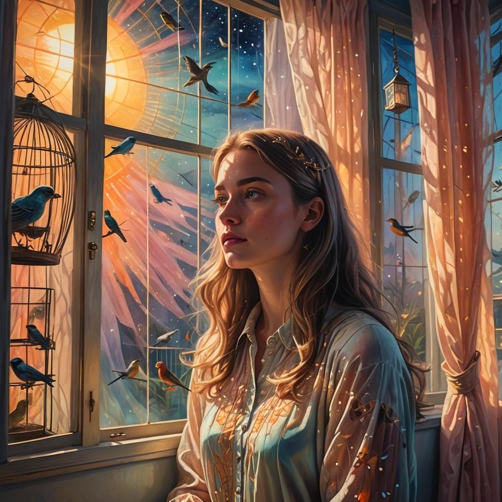Girl in Sunlight with Caged Birds: Astral Illustration