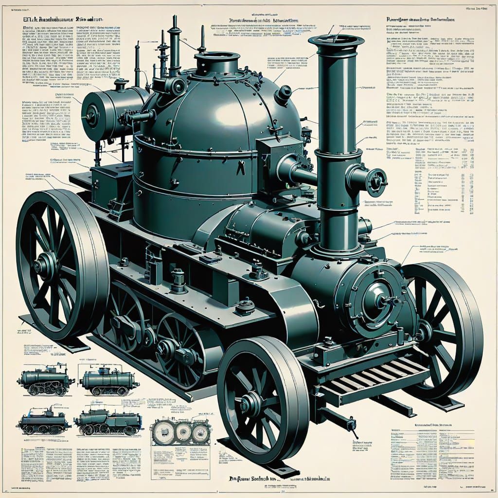 Industrial Blueprint of a Steam Engine in Cyberpunk Style