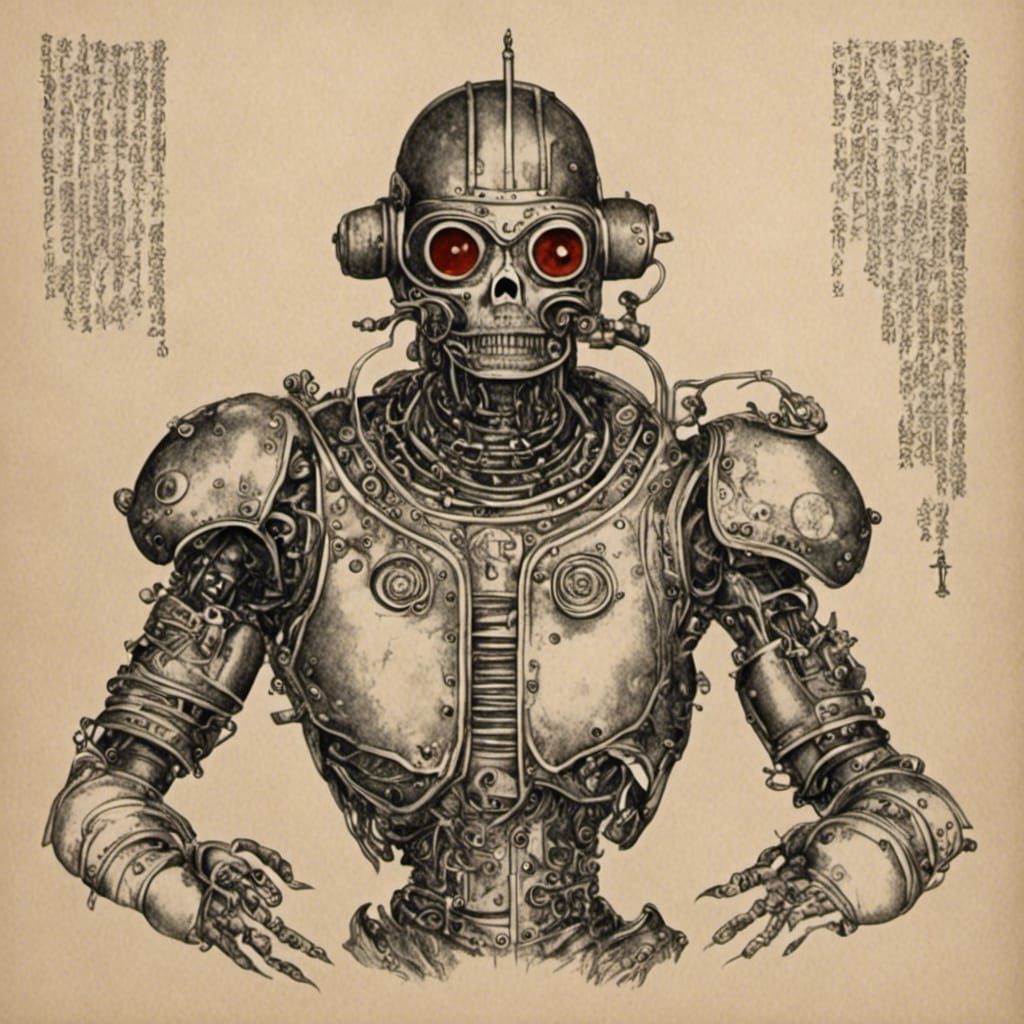 Cyborg Patent Drawing in Sosaku-hanga Style
