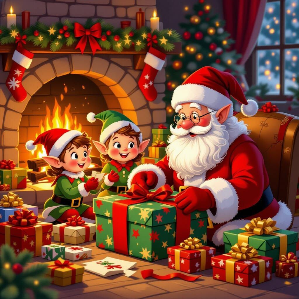 Santa and Elves Wrap Gifts by Fireplace in Storybook Style