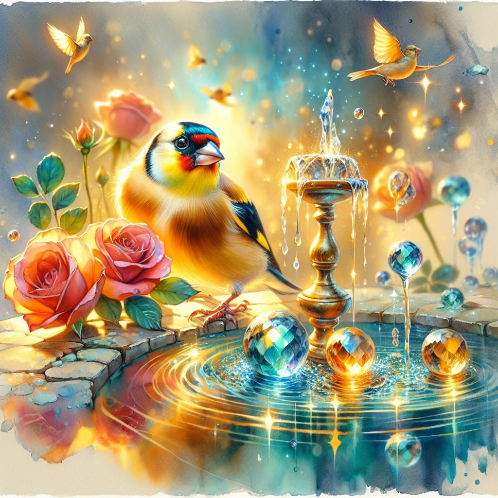 Goldfinch on Fountain with Rose Petals in Digital Watercolor