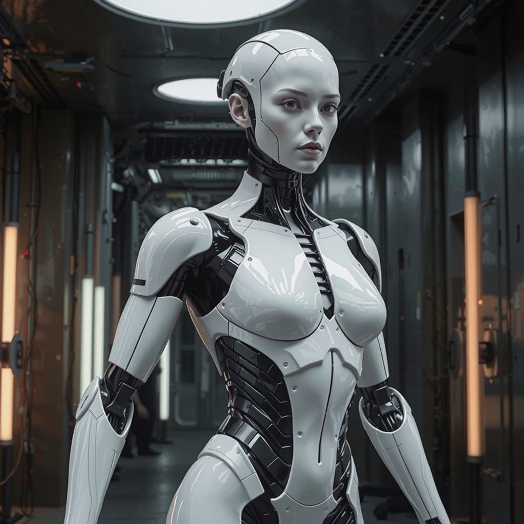 Cyborg Goddess Emerges in Neon-Lit Futuristic Lab