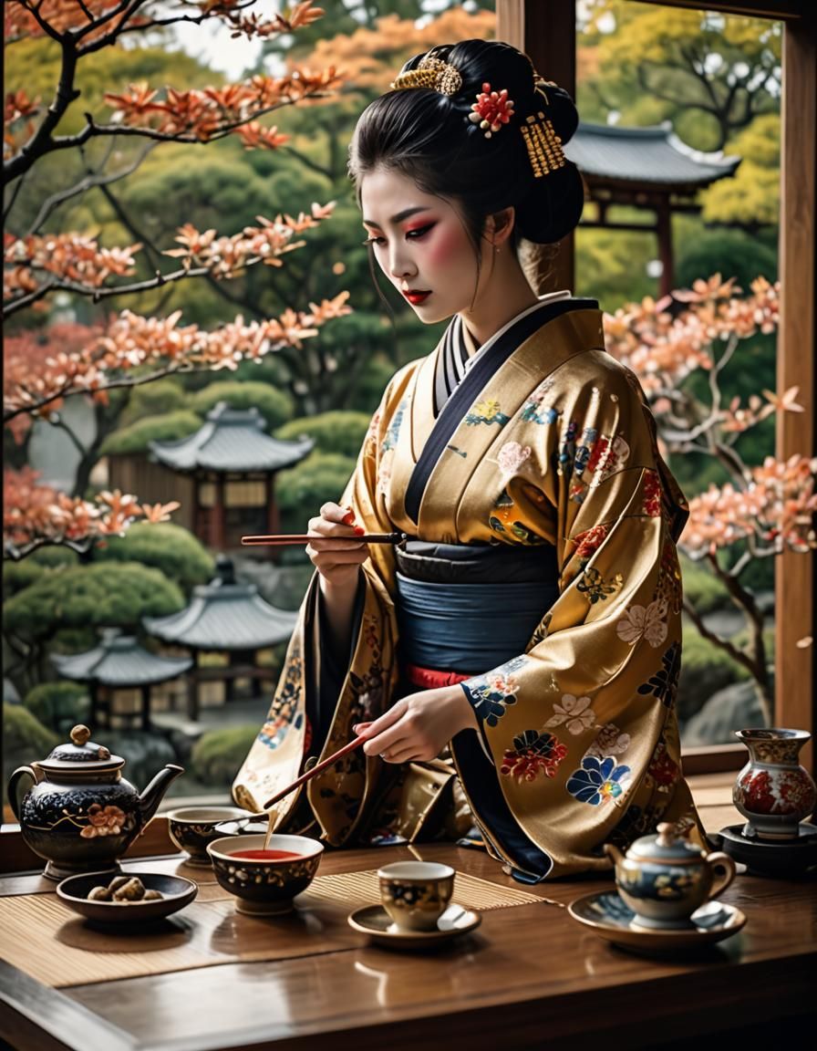 Geisha Tea Ceremony with Gold Details: Hyperrealistic Photog...
