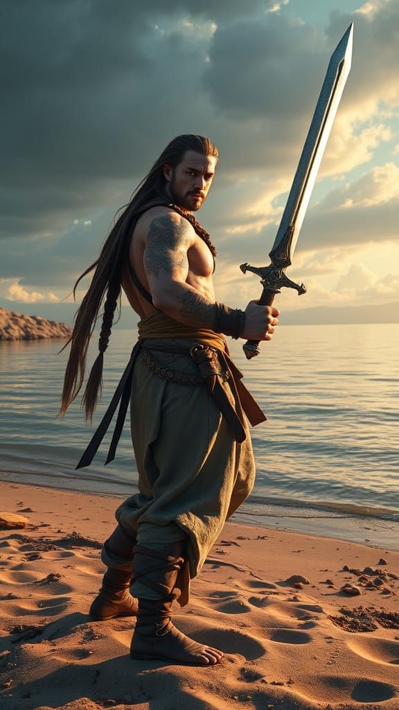 Fantasy Warrior on Calm Lake Banks in Soft Linen