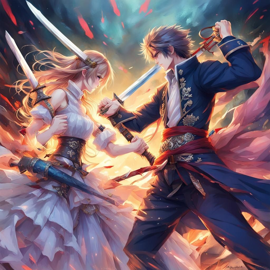 Fantasy Couple Play Fighting with Swords in Anime Style