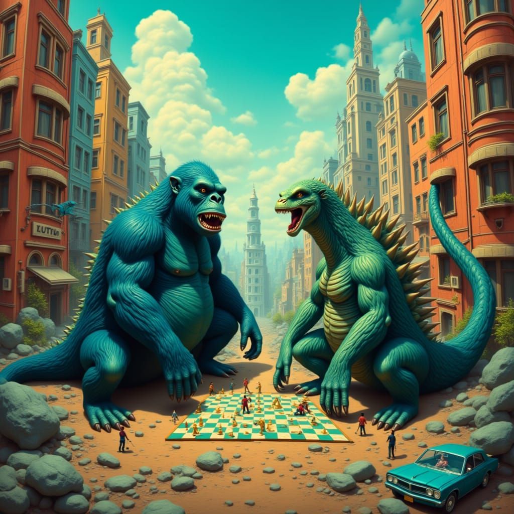 King Kong and Godzilla Play Chess in Cityscape