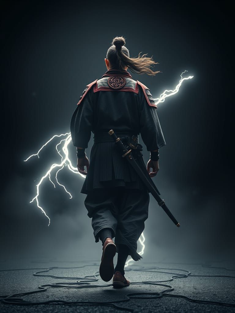 Epic Samurai in Neon Armor Walks into the Wind