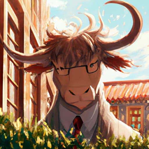 Anime Bull Wizard in Library, Ghibli Style