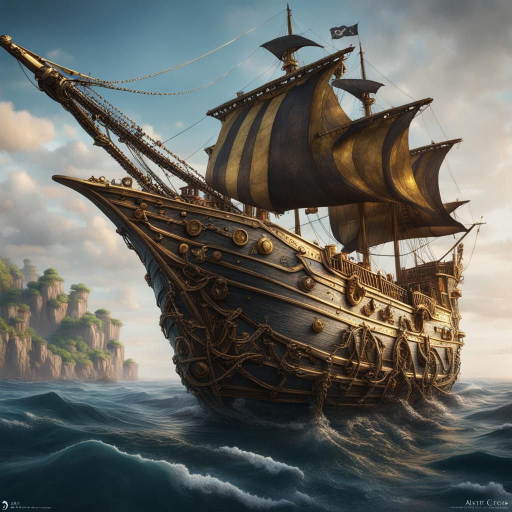 Pirate Ship with Gold Treasure in Fantasy Art