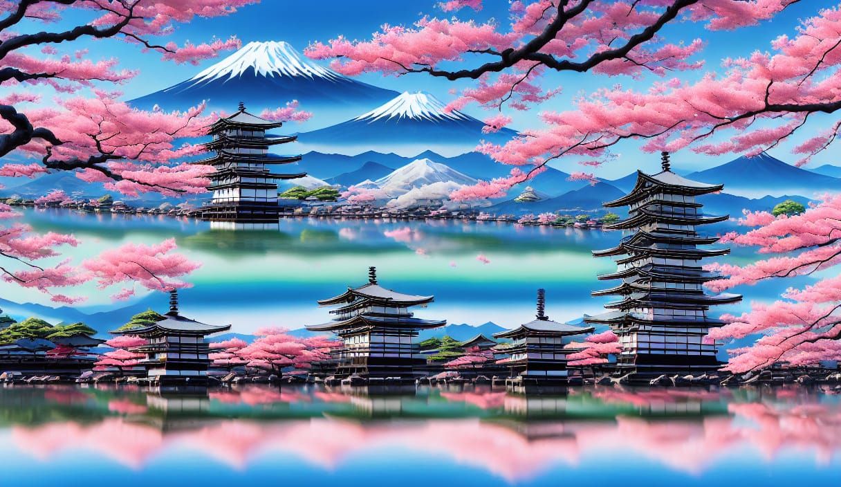 Serene Japanese Lake with Cherry Blossoms in Golden Hour Lig...