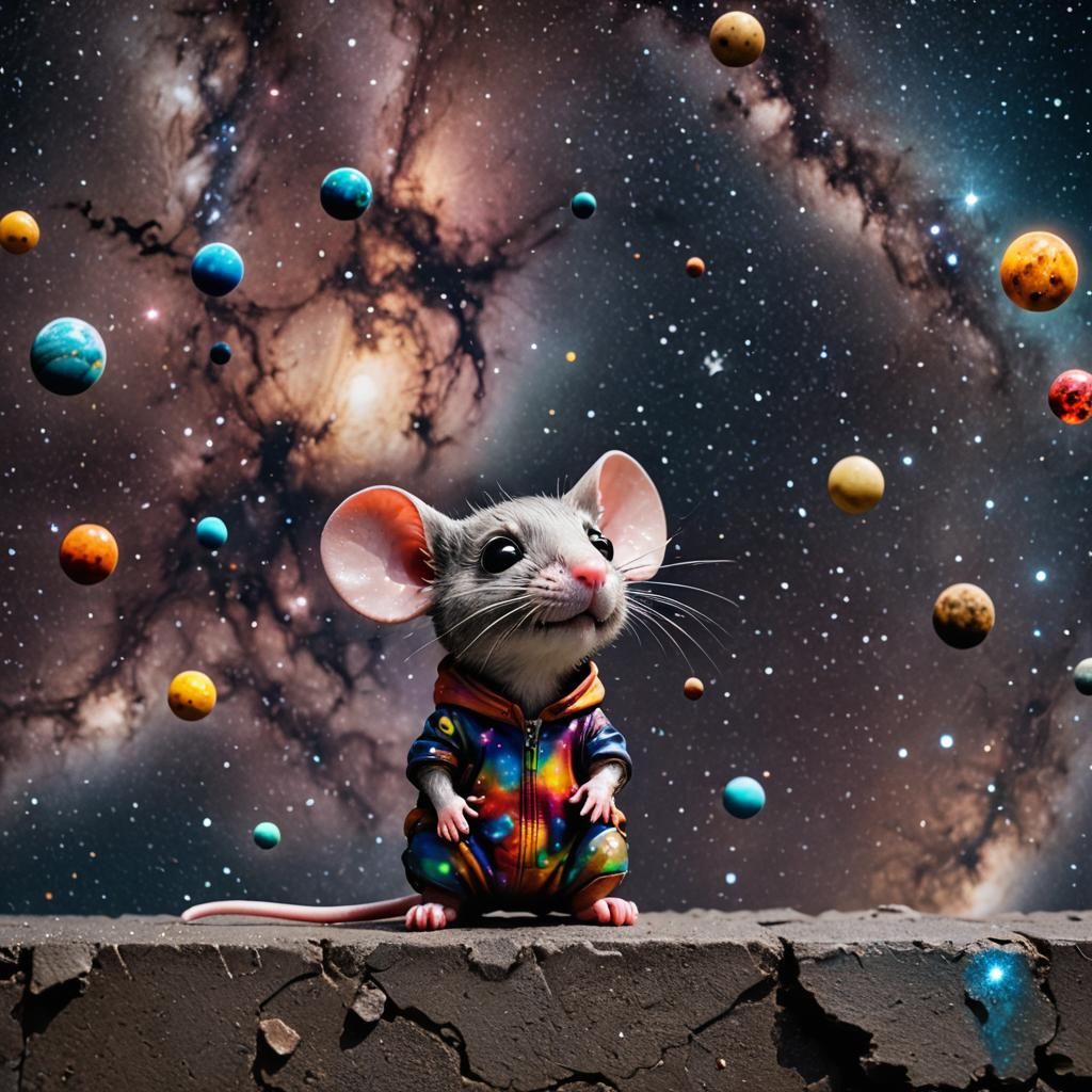 Chibi Mouse Street Art Under a Celestial Sky