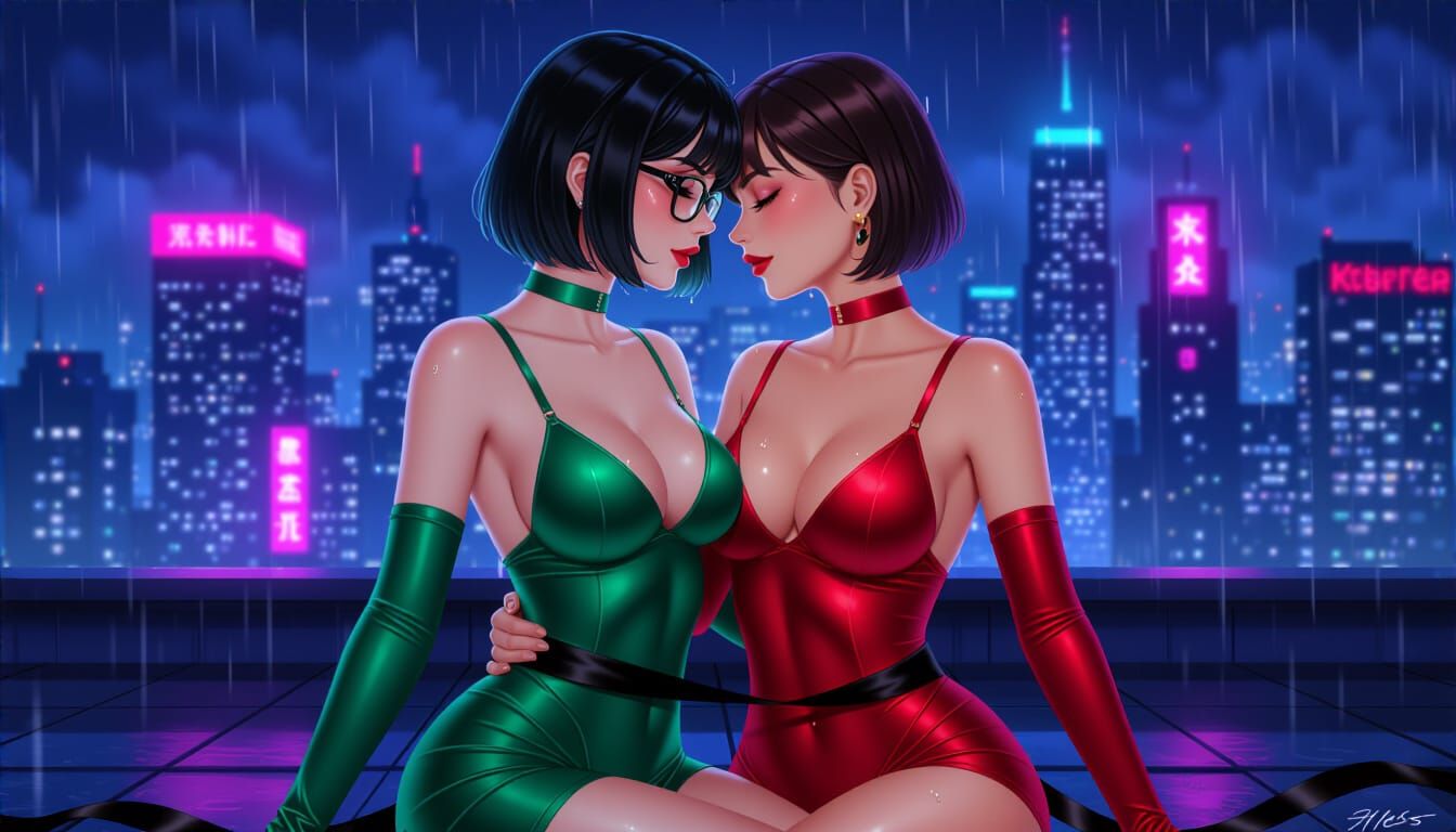 Embrace on Neon Rooftop: Semi-Anime Digital Painting