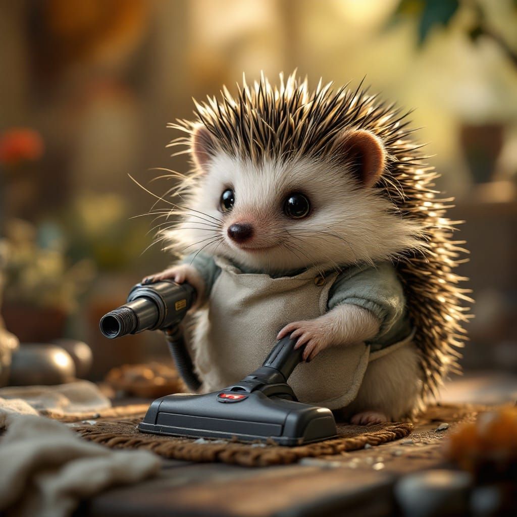 Groomed Hedgehog Tidies Whimsical Spikes in Dreamlike Scene