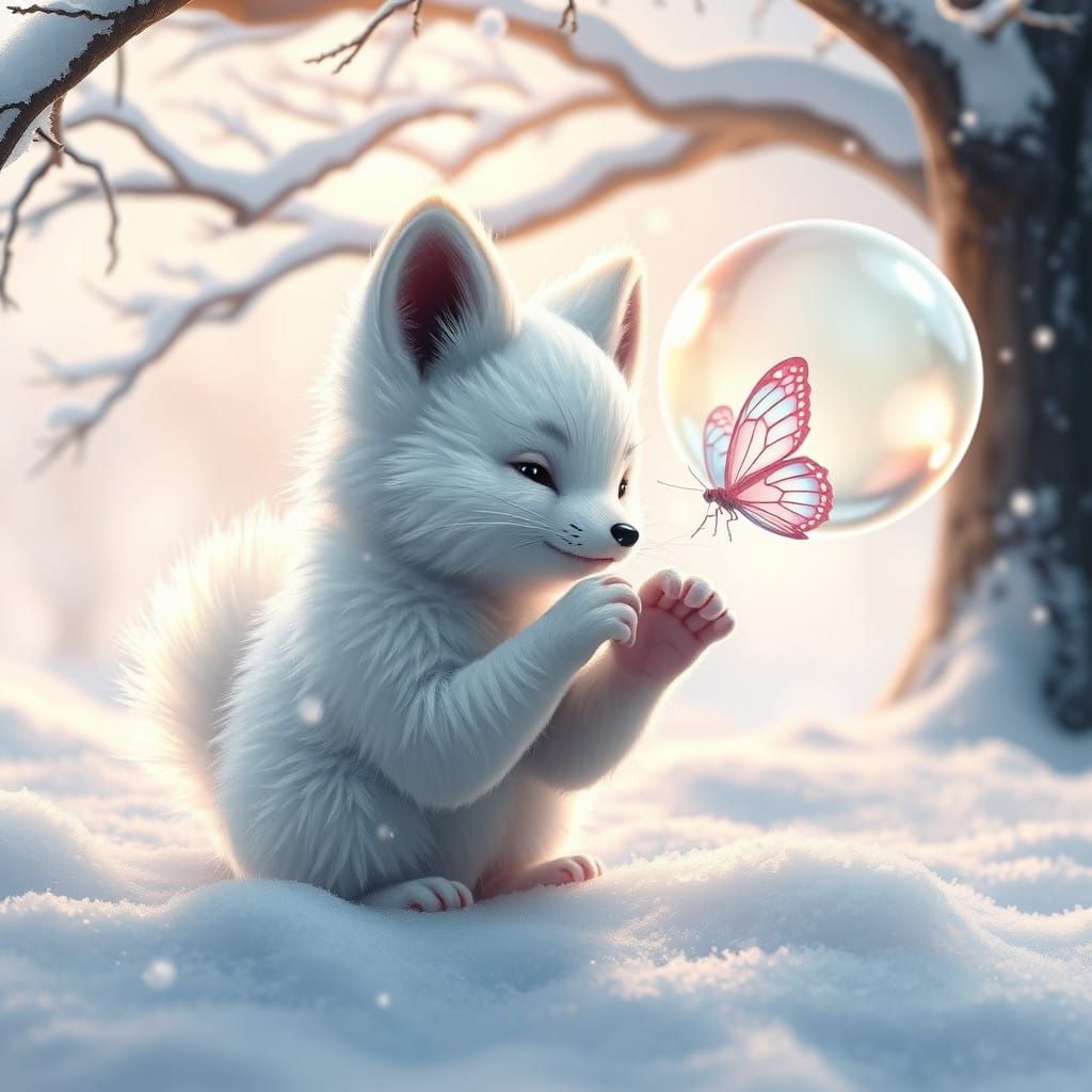 Whimsical Fantasy Scene with Snow Fox and Iridescent Butterf...