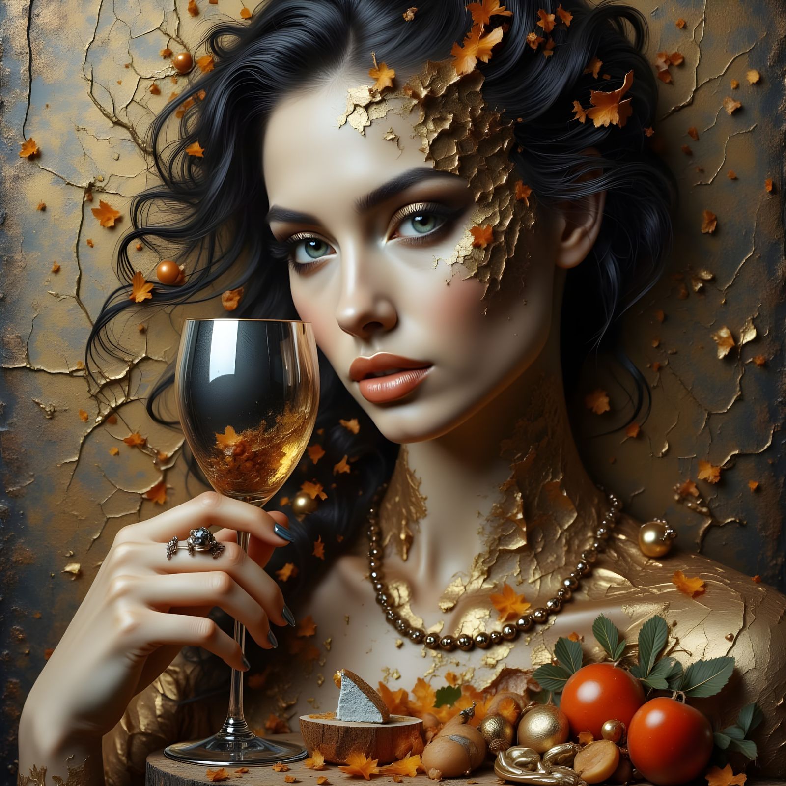 Sad Woman with Chrome Wine Glass, Surrealist Oil Painting