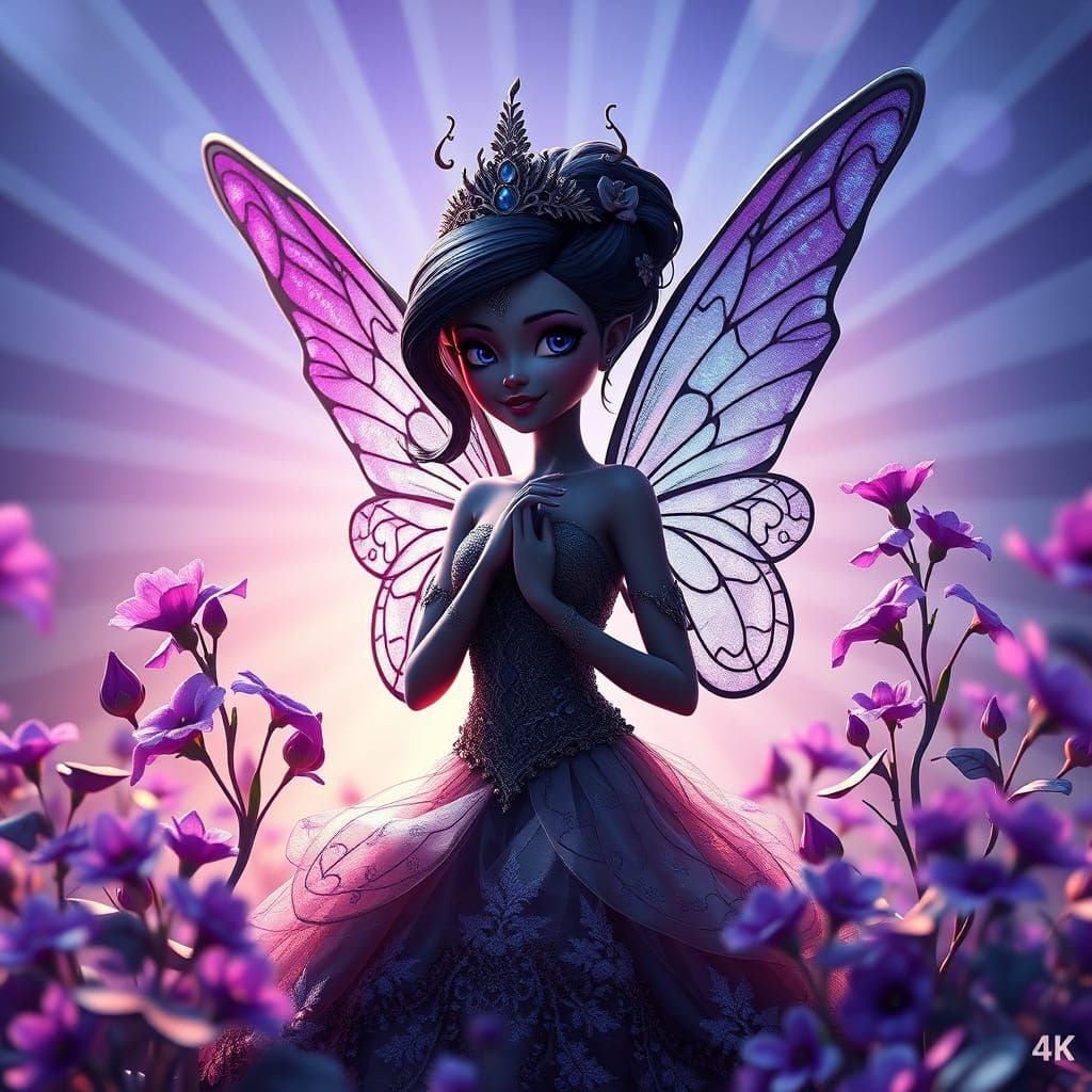 Dark Fairy Princess Surrounded by Flowers, in 3D