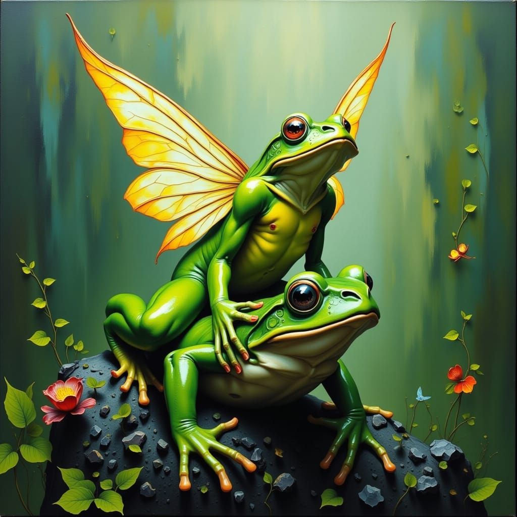 Whimsical Fairy on a Frog's Back in Futuristic Style