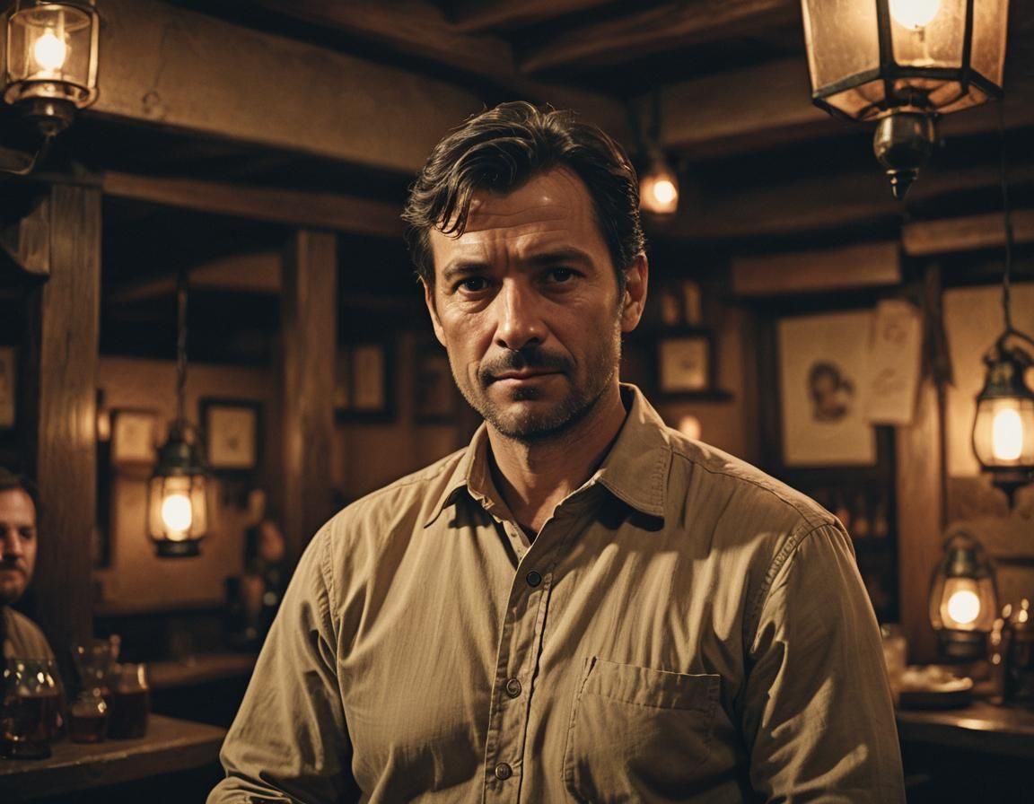 Cinematic Portrait of Man in Tavern with Film Grain
