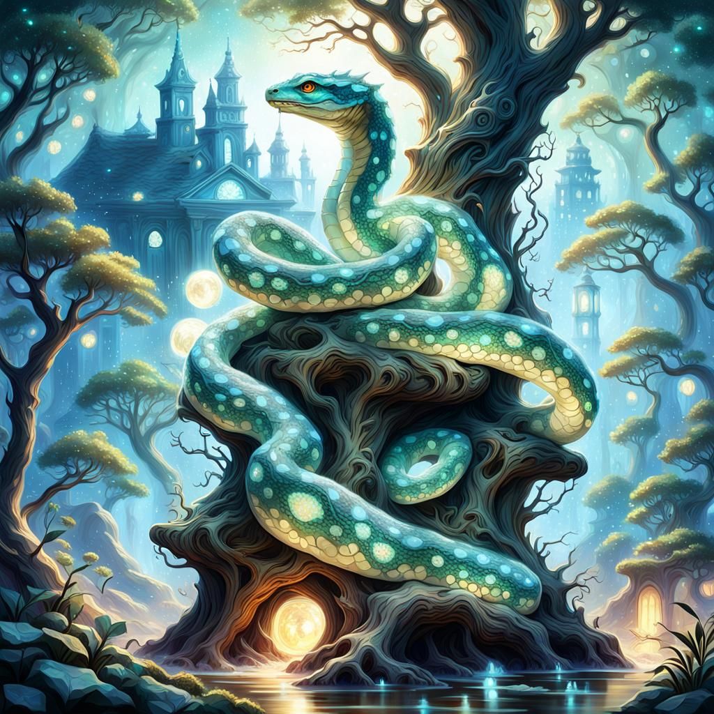 Bioluminescent Serpent in Fantasy Landscape, Digital Art