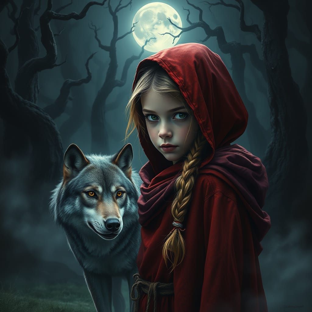 Girl in Crimson Cloak with Wolf in Misty Forest, Digital Pai...