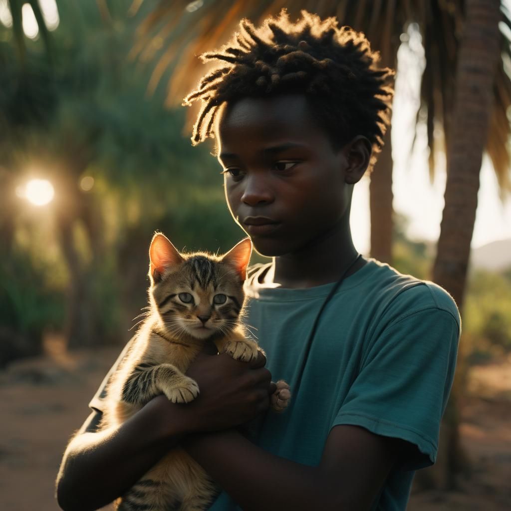 Kenyan Teen Boy Cradling Kitten: Cinematic Film Still