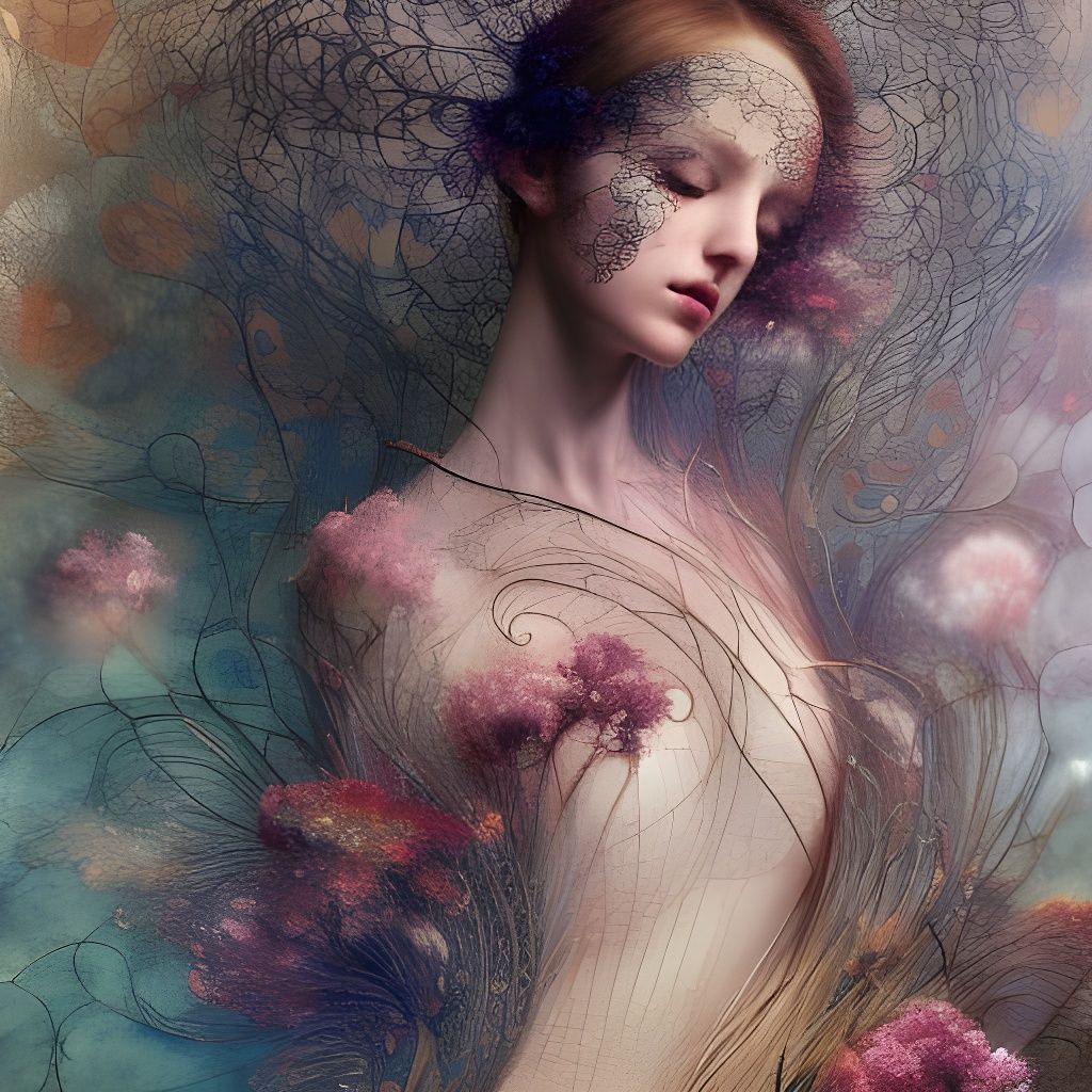 Ballerina's Floral Fusion: A Mixed-Media Art Nouveau Collage