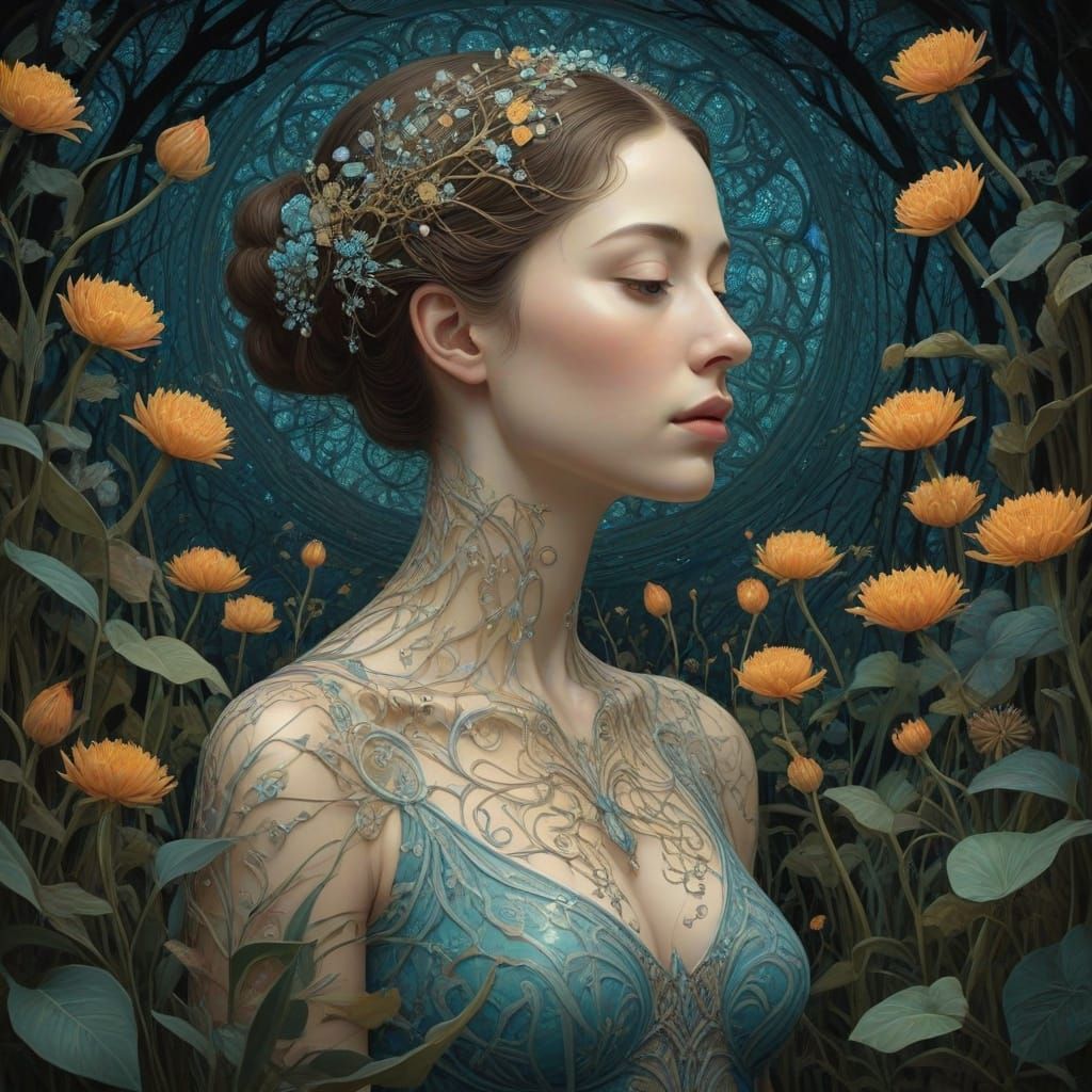 Mystical Woman Meditating in Surreal Labyrinth of Light