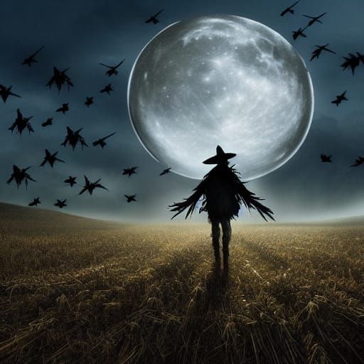 Moonlit Scarecrow on Hill with Crows