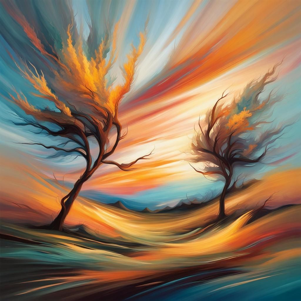 Wind Swept Trees and Sunset Clouds