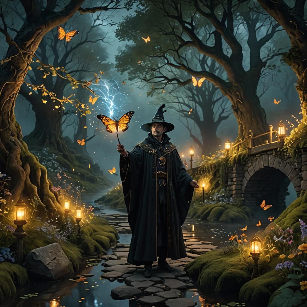 Magician in Starry Cloak in Enchanted Forest