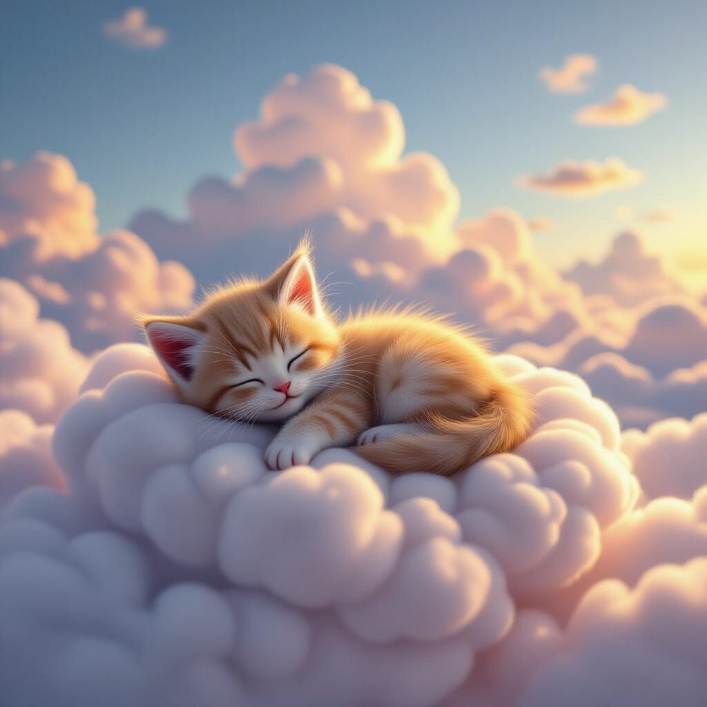 Fluffy Kitten Sleeping on Cloud in Vibrant Sky