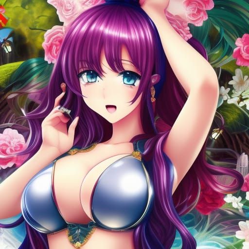 Voluptuous Anime Woman with Maximalist Background