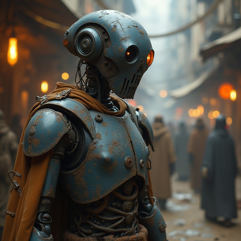 Worn Protocol Droid Guards Alien Marketplace in Gritty Star ...