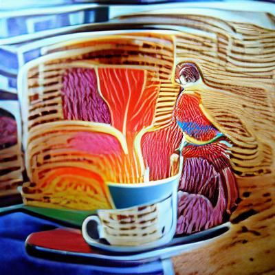 Colorful Woodcut: Steaming Morning Coffee