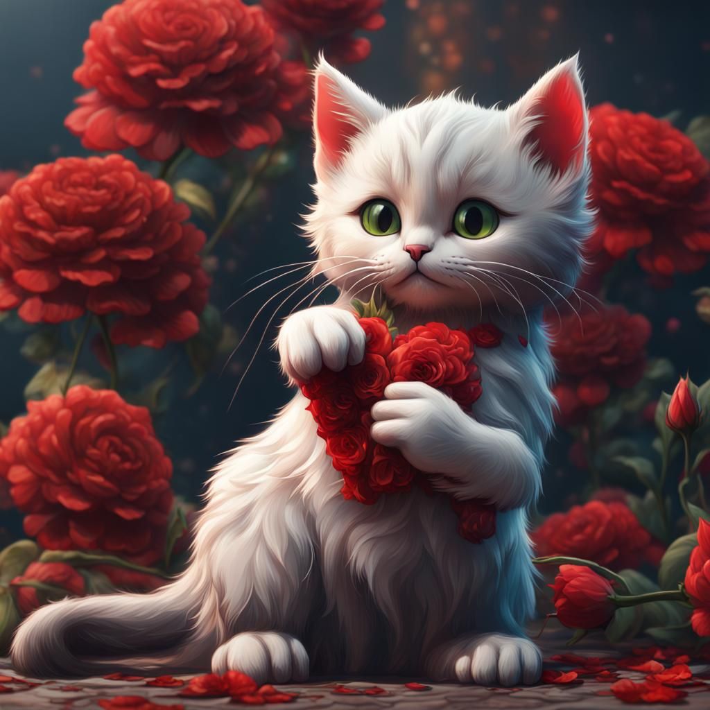 Loving Cats Surrounded by Red Flowers