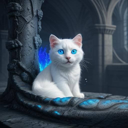 Detailed White Cat with Blue Eyes Digital Art