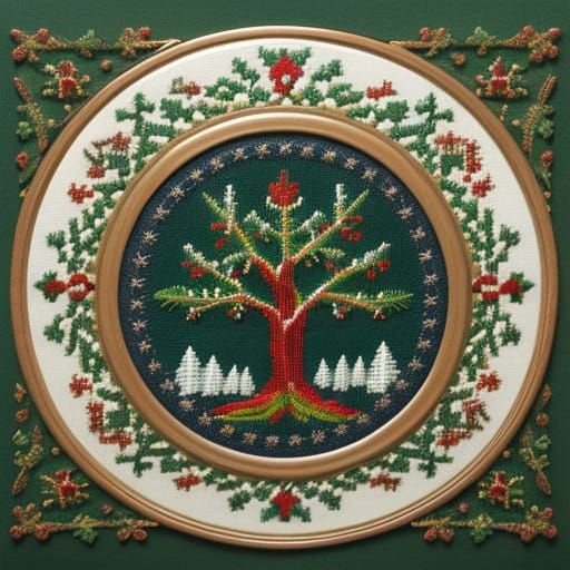 Vibrant Christmas Fir Tree Needlepoint Sampler with Quilling...