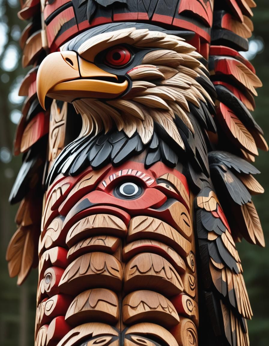 Woodcarving of a Bald Eagle into a totem pole