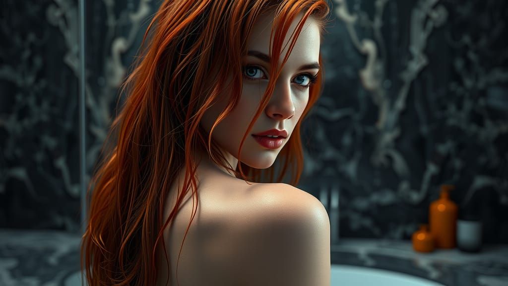 Woman in Marble Bathroom, Photorealistic Art