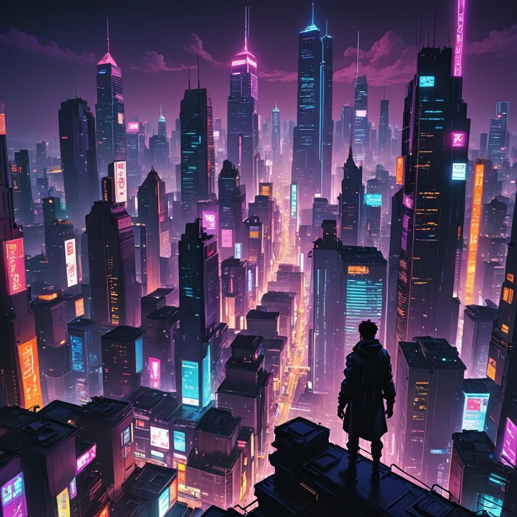Cyberpunk Cityscape: Neon Metropolis in Anime Style