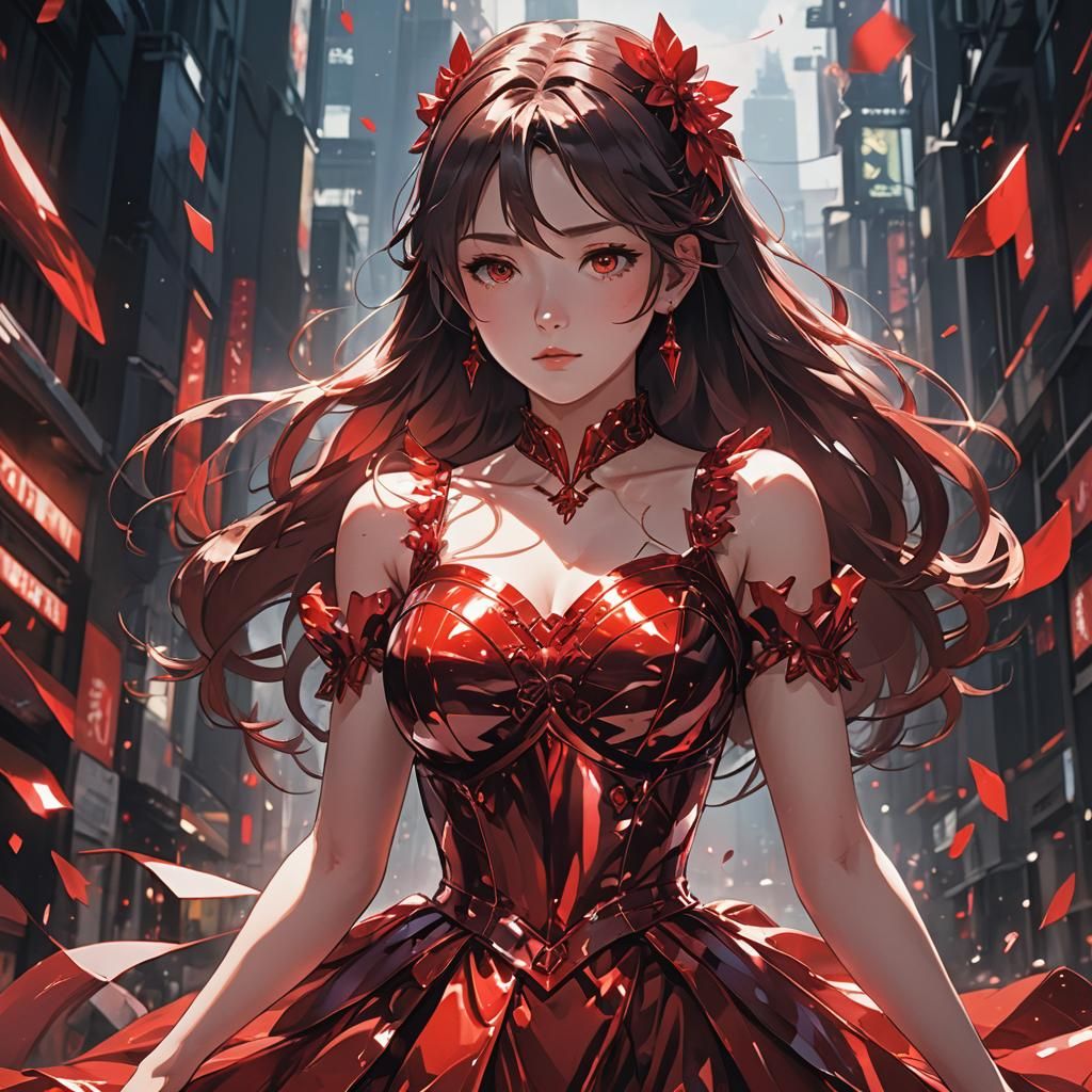 Anime Girl in Red Glass Dress: Cel-Shaded Manga Art