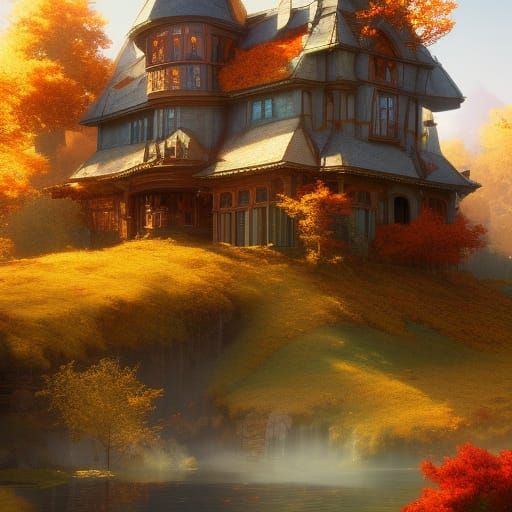 Fantasy Houses in Autumn Colors, Art Nouveau Style